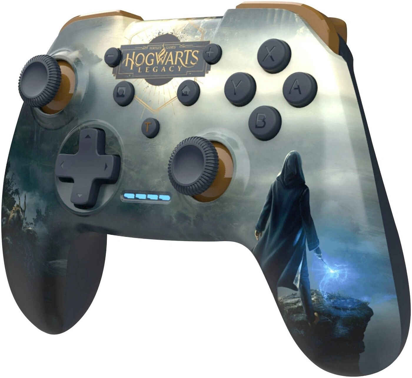 Ein Hogwarts Legacy Controller mit einer Figur, die einen Zauberstab hält.