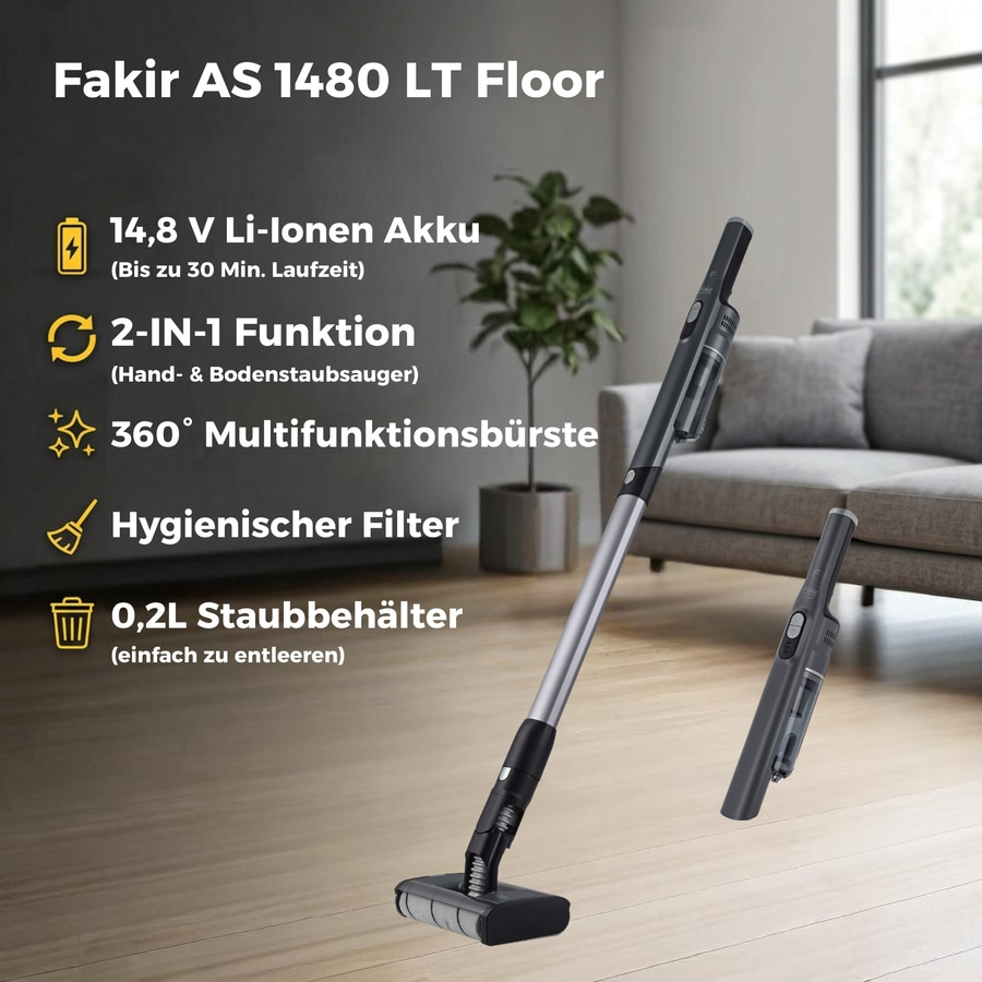 Fakir AS 1480 LT Floor mit Zubehör in einem Wohnzimmer