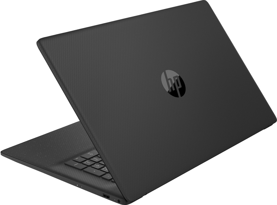 Schwarzer Laptop mit HP-Logo, geöffnet, auf weißem Hintergrund