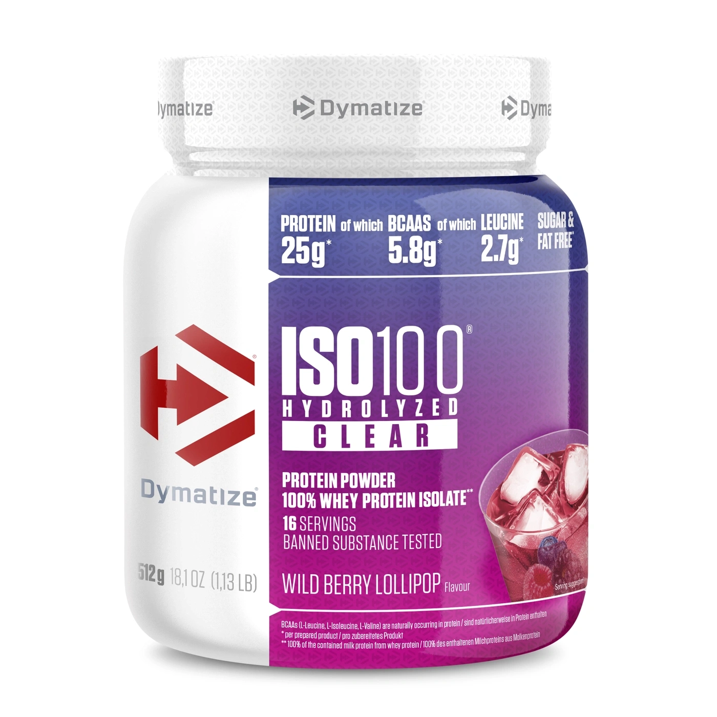 Dymatize ISO100 Hydrolyzed Clear Wild Berry Lollipop Protein Pulver.