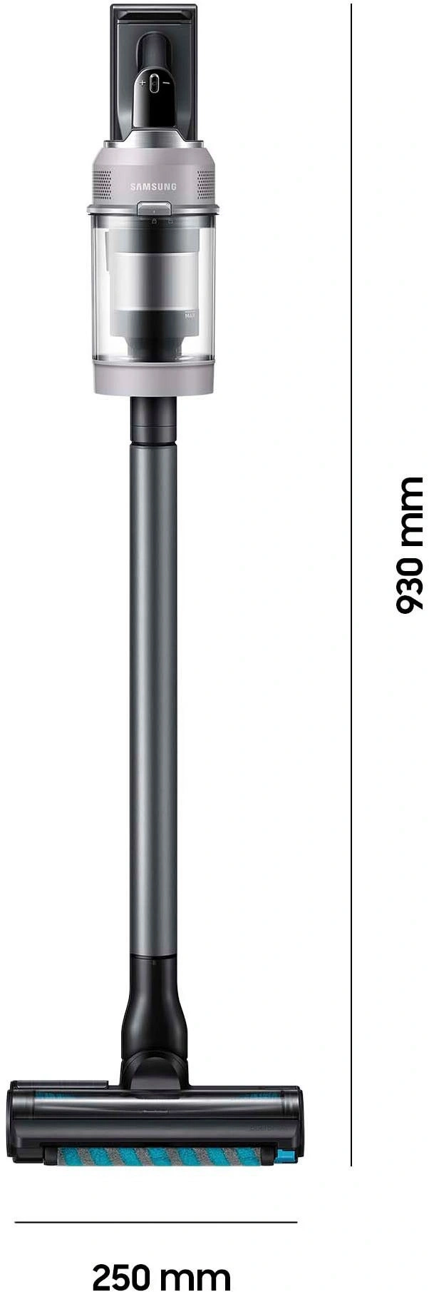 Ein schlanker Samsung-Staubsauger mit einer Höhe von 930 mm und einer Breite von 250 mm.