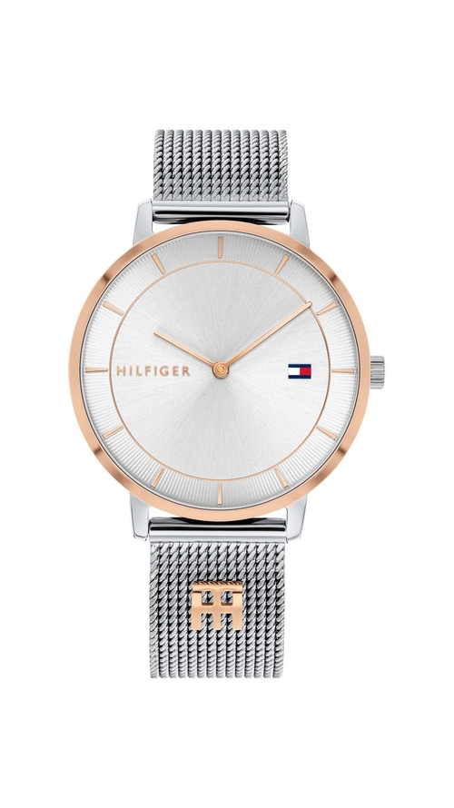 Tommy Hilfiger Uhr, silbernes Zifferblatt, roségoldfarbenes Gehäuse und Armband