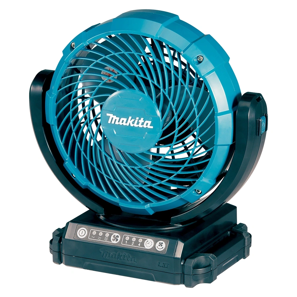 Ein blauer Makita-Ventilator mit schwarzem Sockel und Bedienelementen