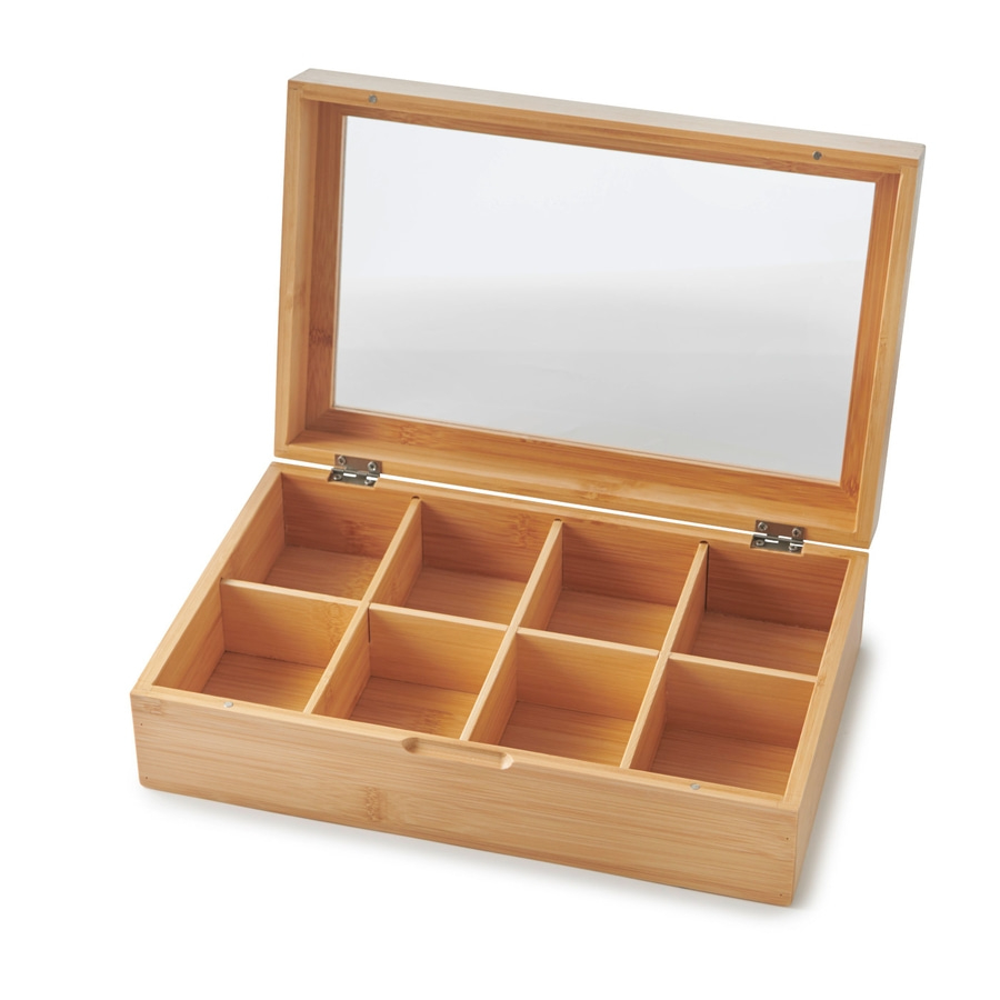 Teebox aus Holz mit Glasdeckel und acht Fächern, offen