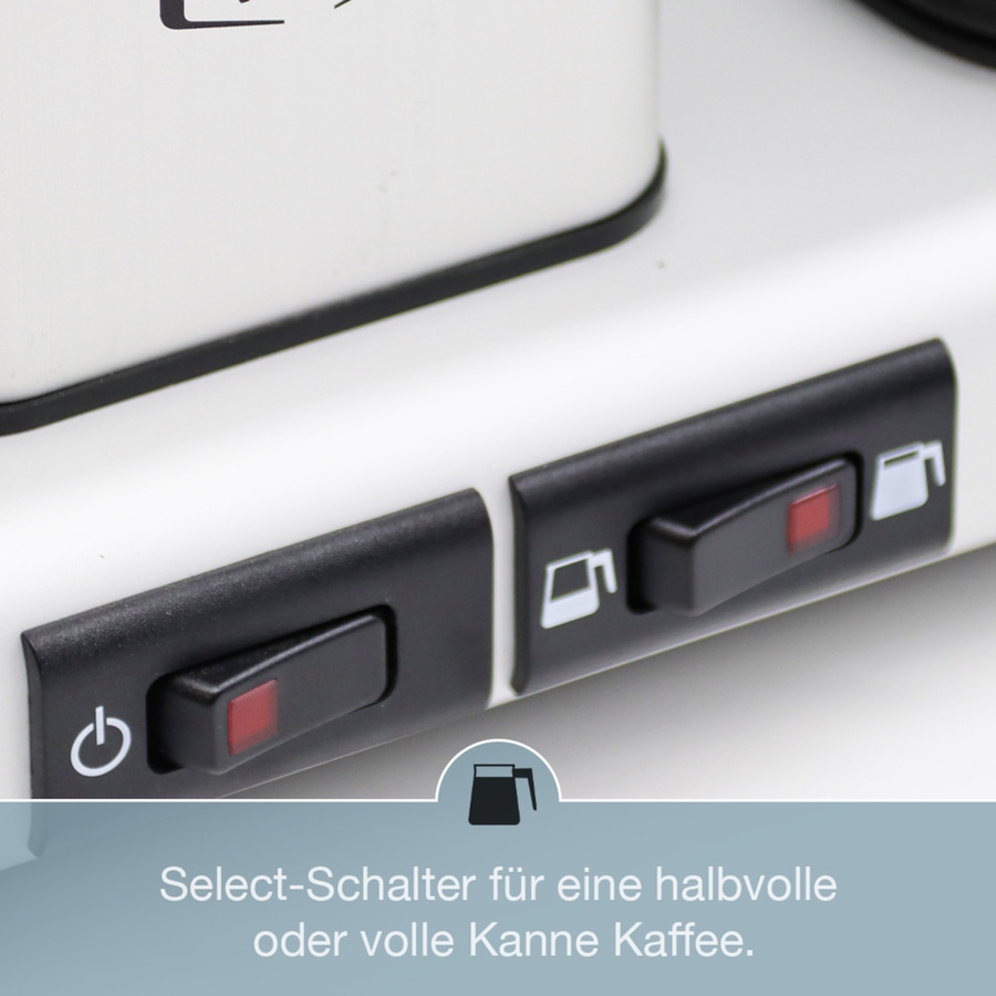 Nahaufnahme von zwei schwarzen Schaltern mit roten Lichtern und Symbolen auf weißem Hintergrund.