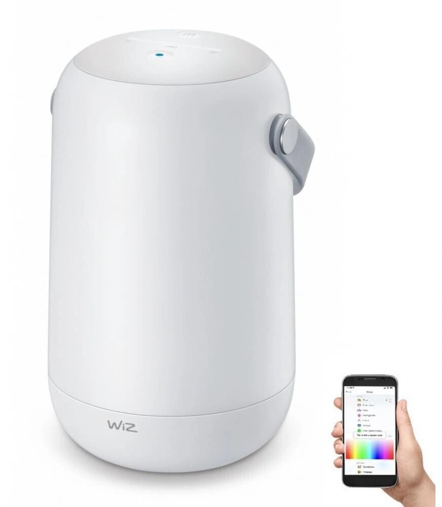 Ein weißer Wiz-Lautsprecher mit einem Smartphone, das die Wiz-App anzeigt.