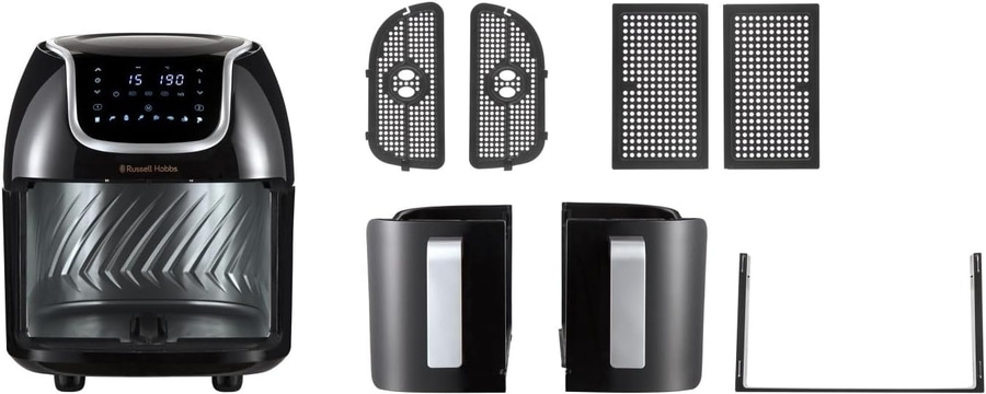 Schwarze Heißluftfritteuse mit Zubehör, digitalem Display und Russell Hobbs Logo.
