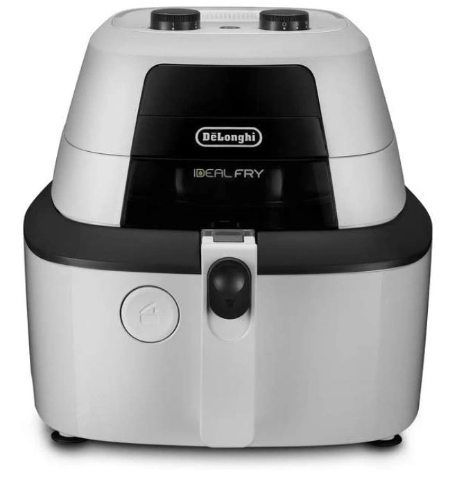 Eine weiße und schwarze Heißluftfritteuse von DeLonghi mit der Aufschrift IDEAL FRY.