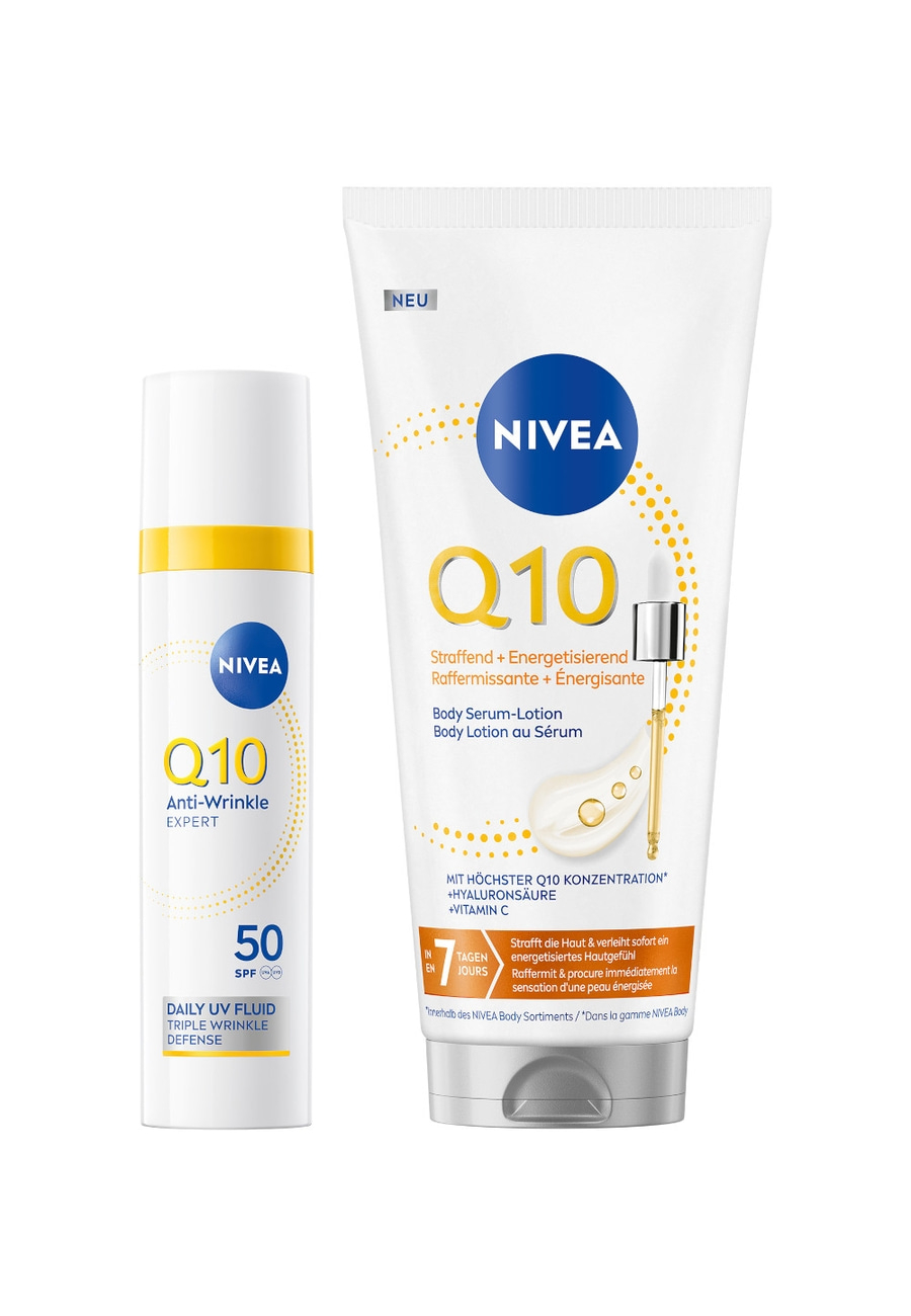 Nivea Q10 Anti-Wrinkle Produkte: Tagescreme und Body Serum Lotion für straffe Haut.