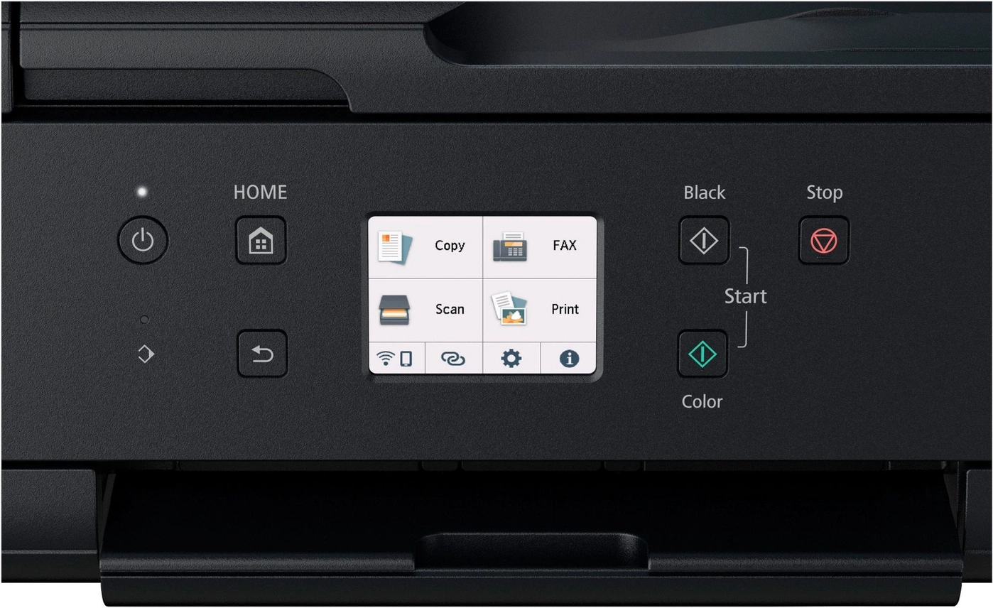 Druckerbedienfeld mit Touchscreen und Tasten für Home, Copy, Fax, Scan, Print, Black, Stop, Start, Color.
