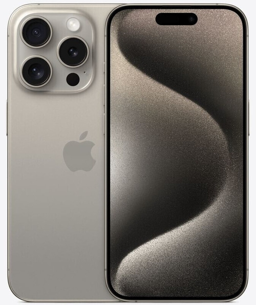 Graues iPhone mit vier Kameras und einem schwarzen Bildschirm, Apple Logo