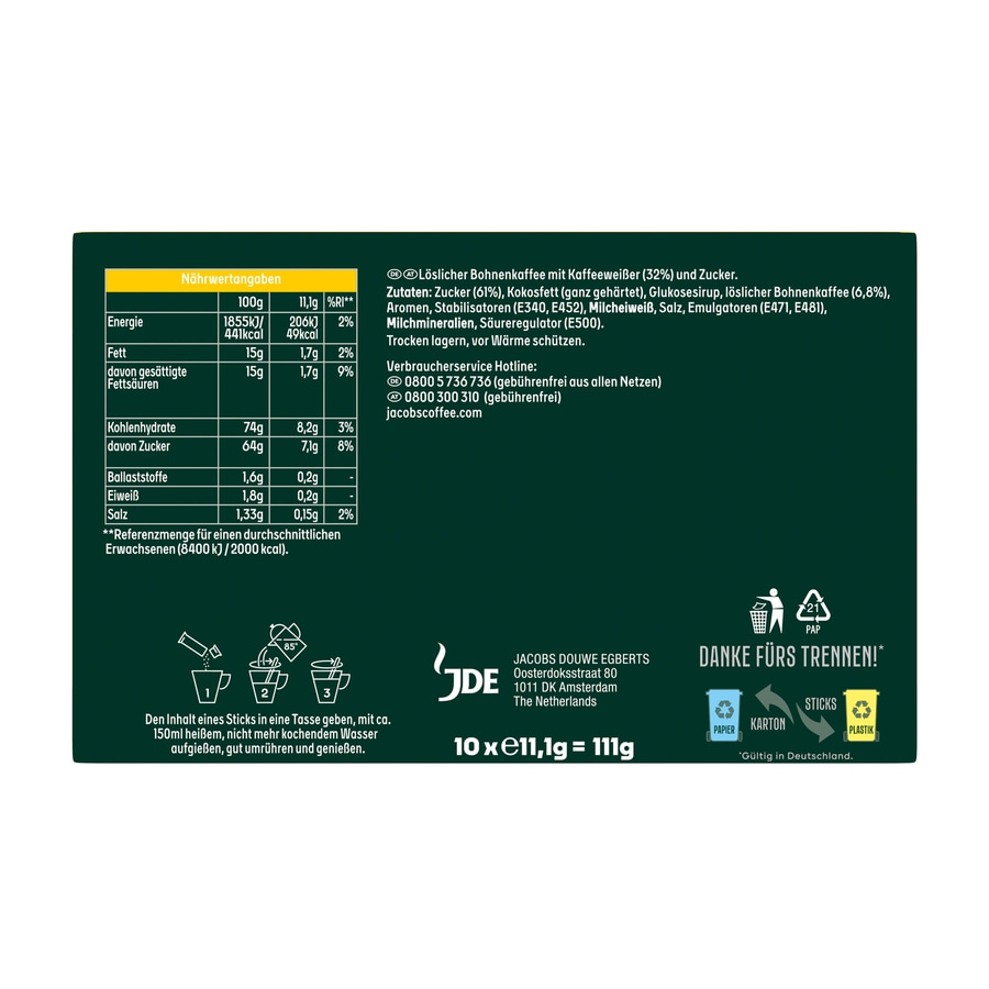 JACOBS Löskaffee 3in1 MILD 12 x 10 Sticks löslicher Kaffee Instantkaffee
