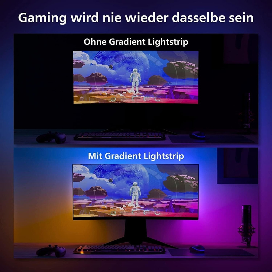 Gaming-Setup mit und ohne Gradient Lightstrip im Vergleich.