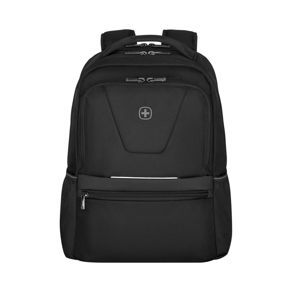 Schwarzer Rucksack mit Reißverschluss und Logo, für Schule oder Arbeit