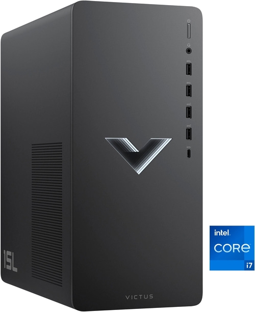 Schwarzer PC-Tower mit Intel Core i7-Logo und Victus-Logo