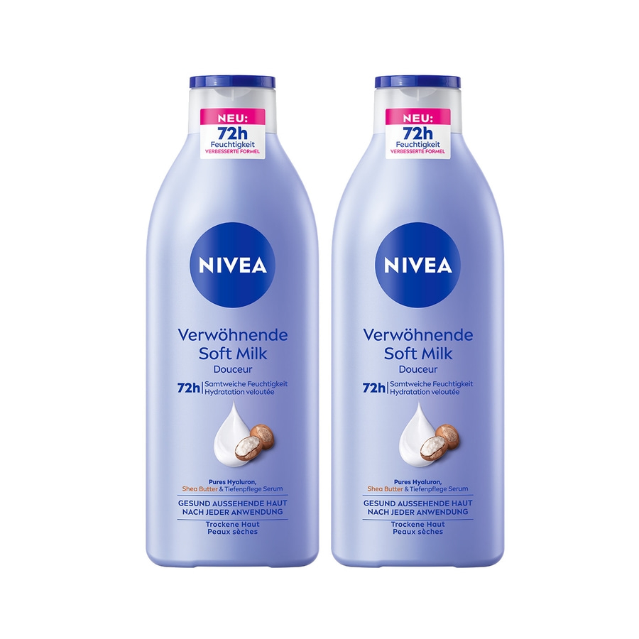 Zwei Nivea Soft Milk Lotionen mit Shea Butter und Hyaluron, 72h Feuchtigkeit