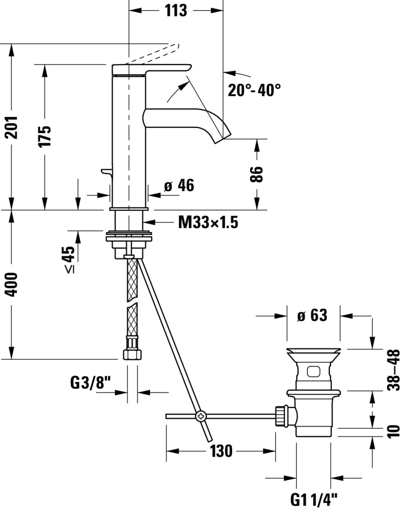 Wasserhahn mit Maßen: 201, 175, 400, 113, 86, 46, 63, 130, G3/8", G1 1/4", M33x1.5, 20°-40°, 38-48, ≤45, 10.