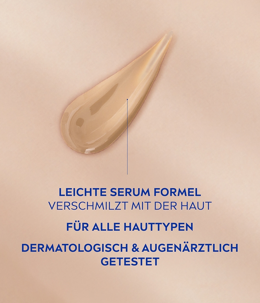 Serum-Tropfen, Text: Leichte Serum Formel, für alle Hauttypen, dermatologisch getestet