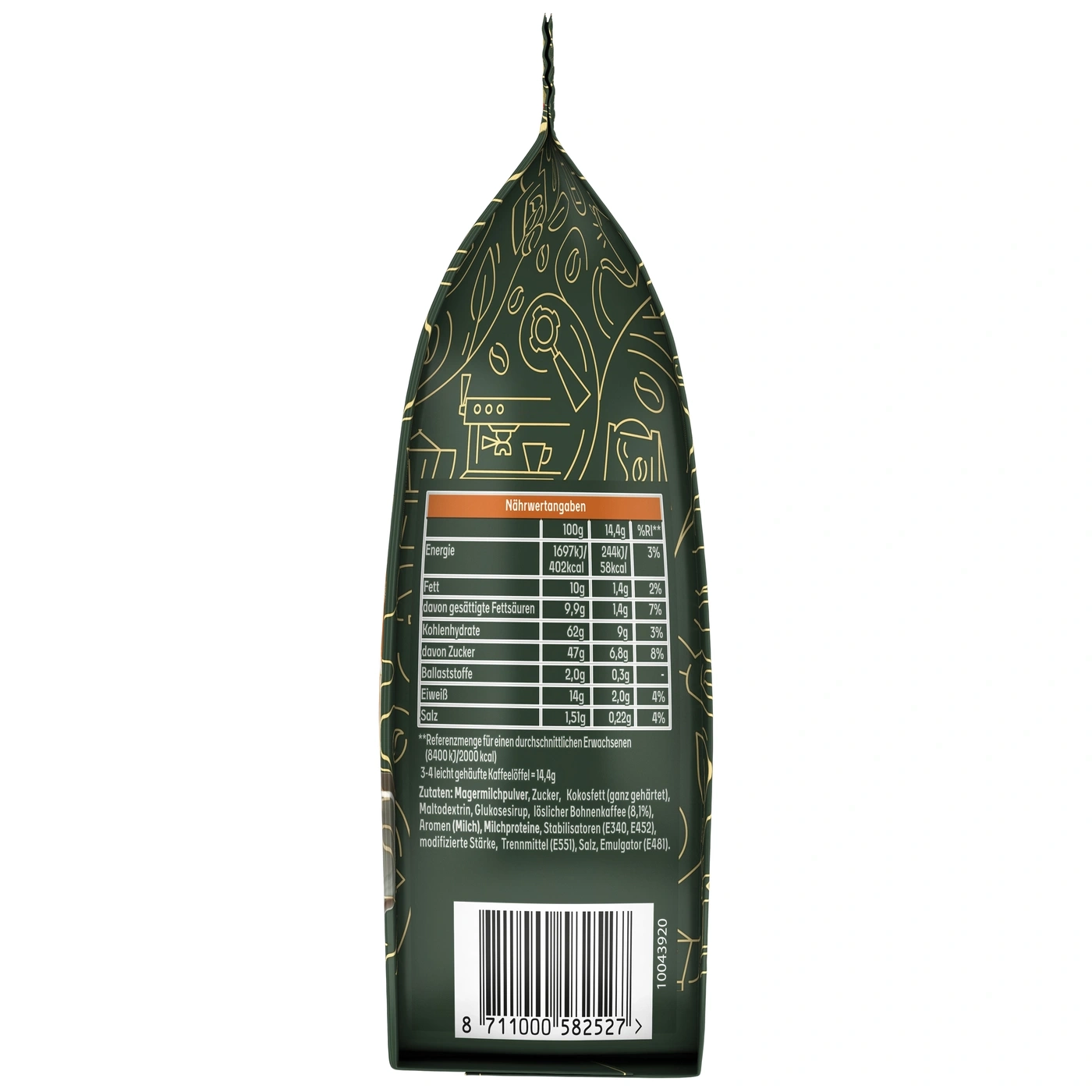 Eine Packung Kaffeepulver mit Nährwertangaben und Barcode.