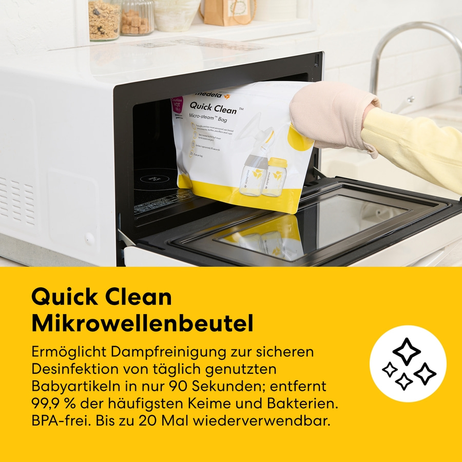 Medela Quick Clean Mikrowellenbeutel zur Dampfdesinfektion von Babyartikeln.