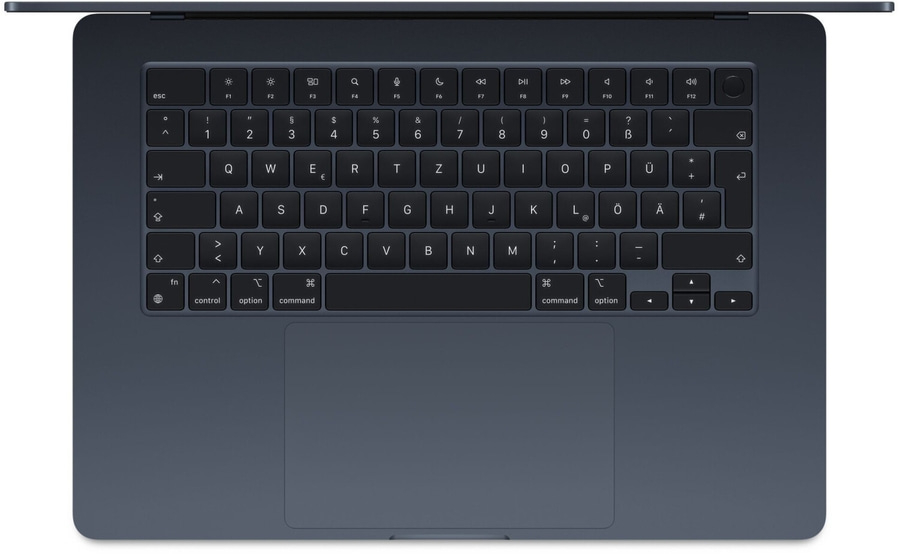 Dunkelblaues MacBook-Tastaturlayout mit Buchstaben, Zahlen und Sonderzeichen.
