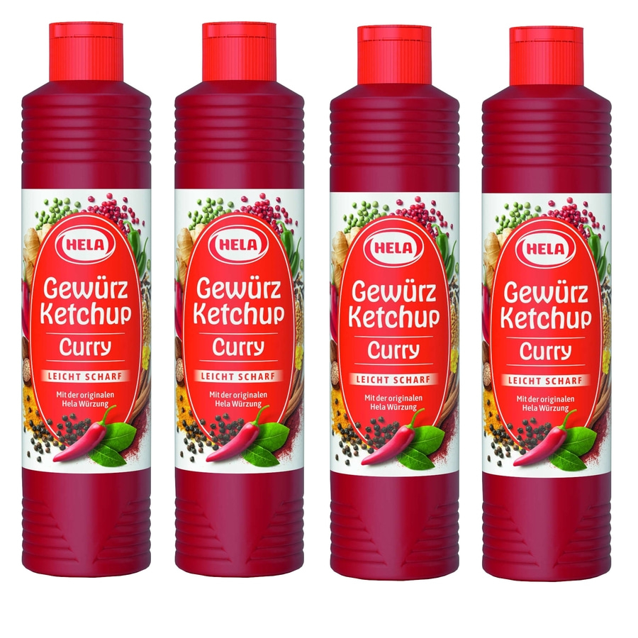 4 x Hela Ketchup Curry leicht scharf 800 ml Gewürzketchup Flasche Ketchupflasche