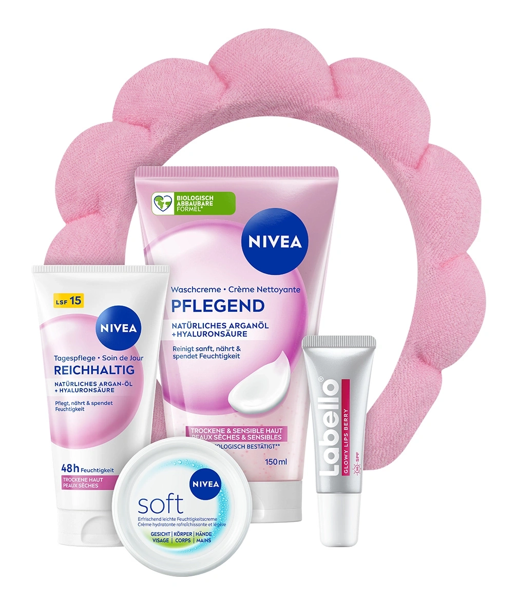 Nivea Pflegeset mit pinkem Haarband, Waschlotion, Creme und Lippenpflege.