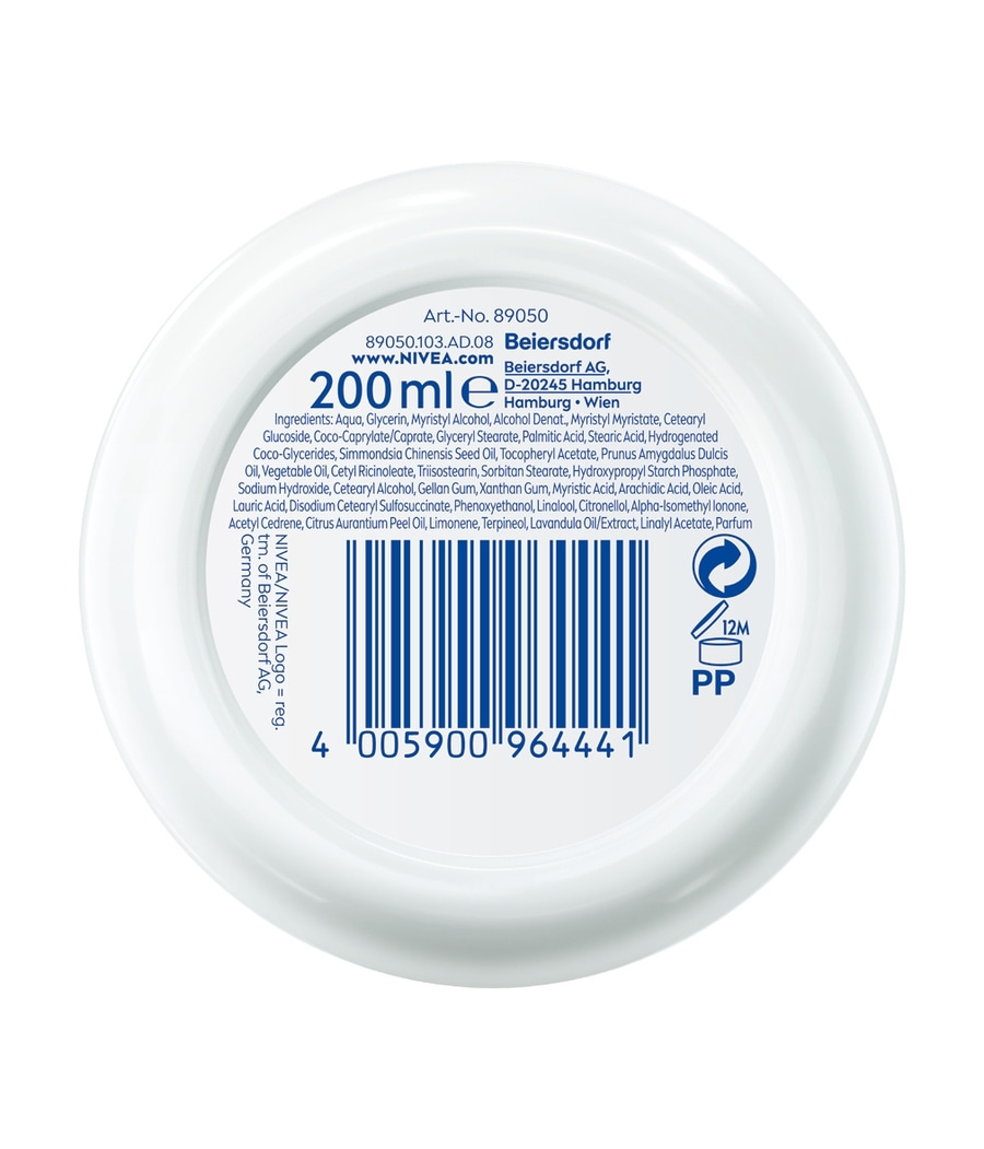 NIVEA Creme Dose mit Inhaltsstoffen, Barcode und Haltbarkeit.