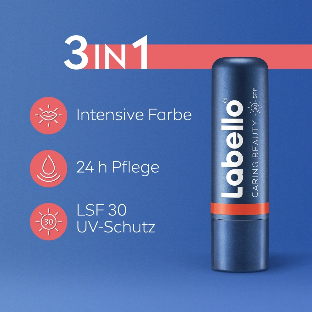 Ein Labello Lippenbalsam mit drei Vorteilen: Intensive Farbe, 24h Pflege und LSF 30 UV-Schutz.
