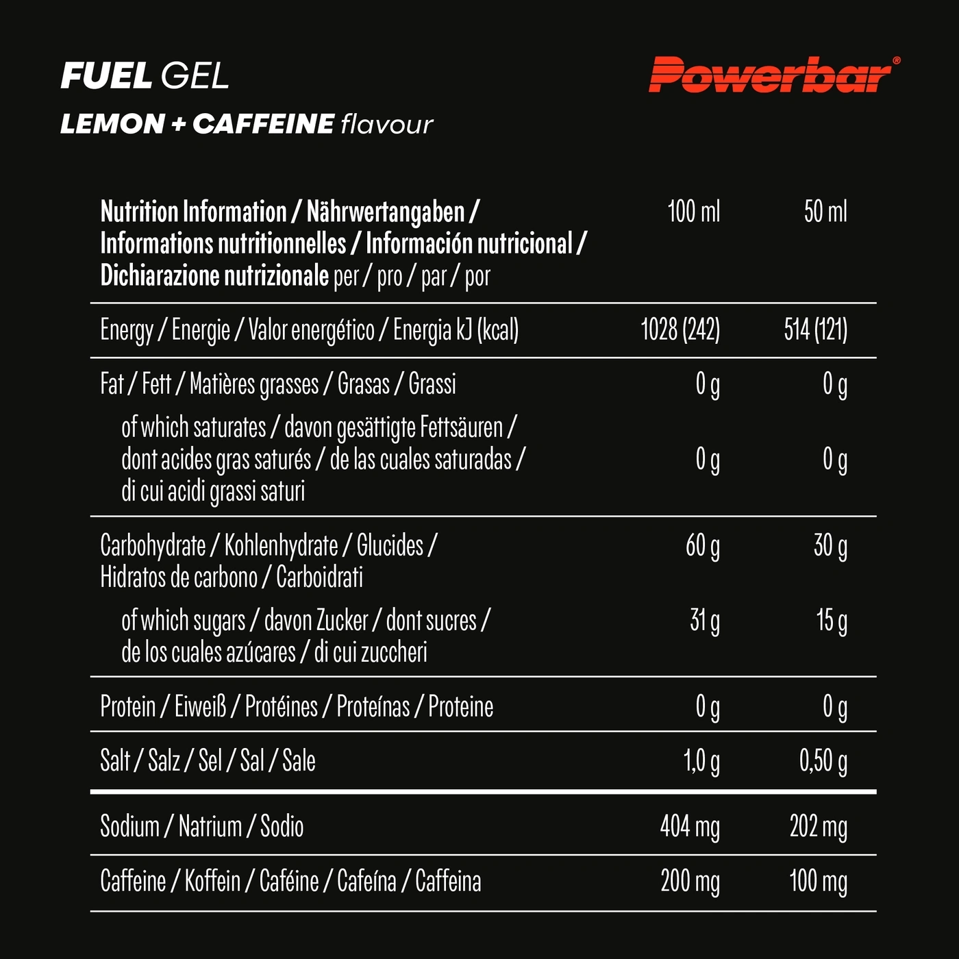 Nährwertangaben für Powerbar Fuel Gel Zitrone & Koffein