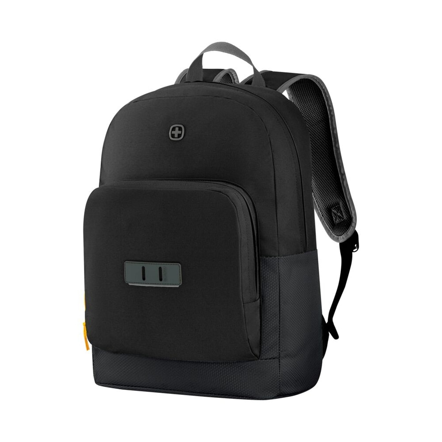 Schwarzer Rucksack mit Logo und Reißverschluss, ideal für den Alltag und Reisen.