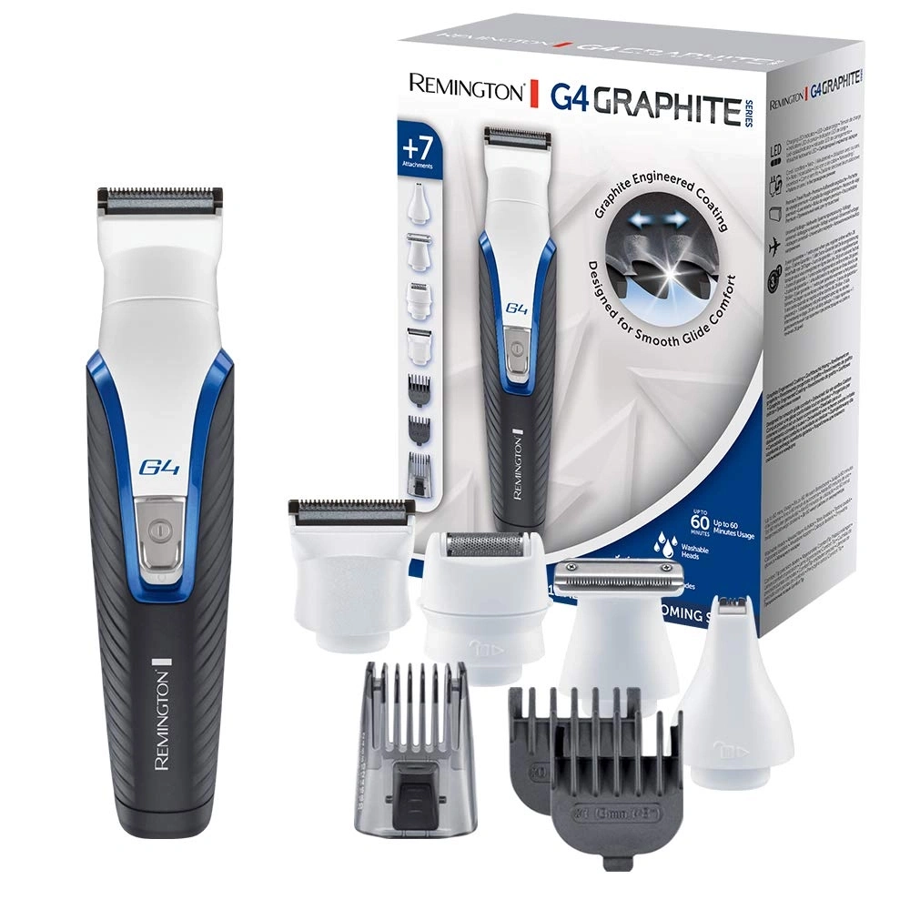 Remington G4 Graphite Trimmer mit Zubehör und Verpackung. 7 Aufsätze, 60 Minuten Akkulaufzeit.