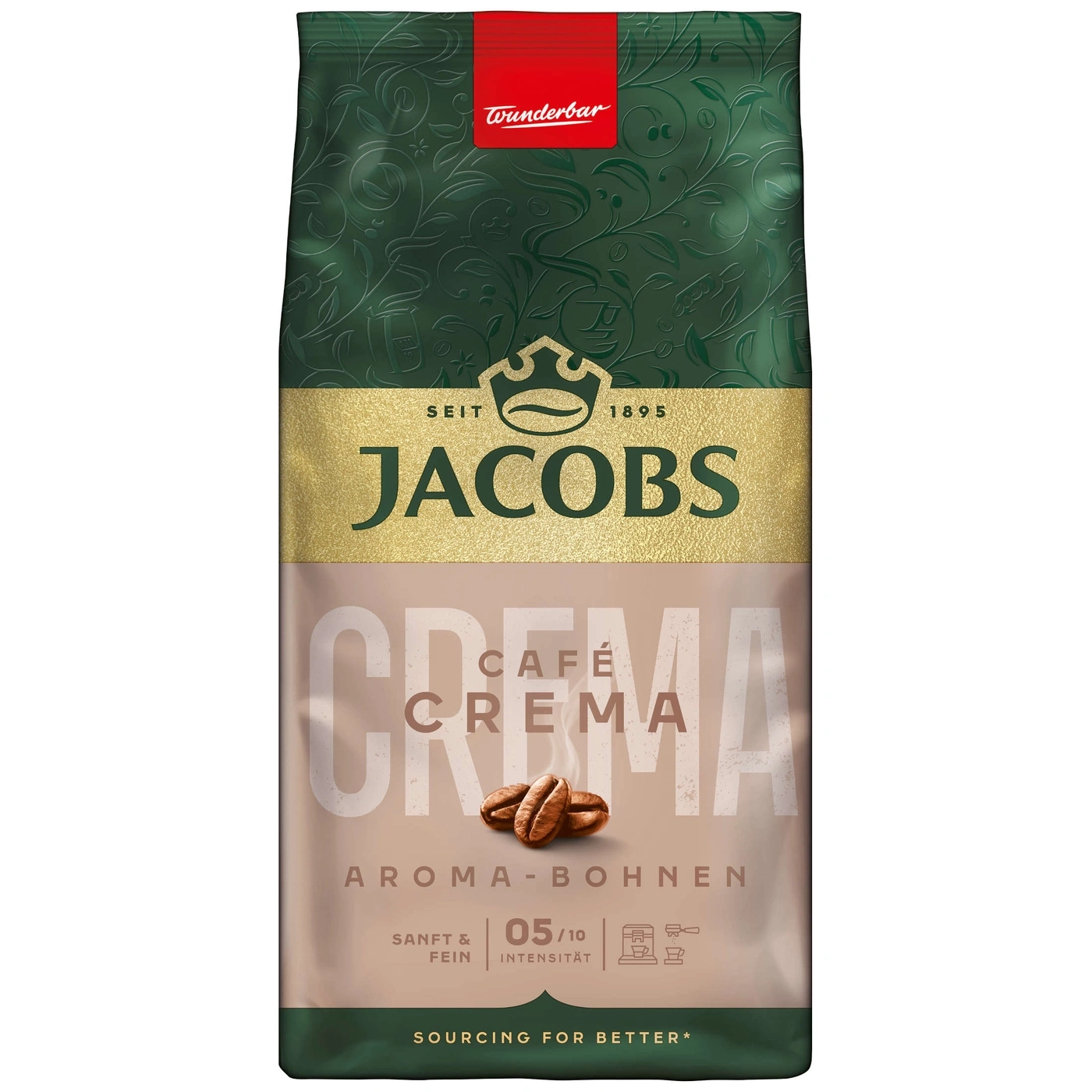 Kaffeepackung von Jacobs Café Crema, Aroma-Bohnen, Intensität 5/10, Wunderbar