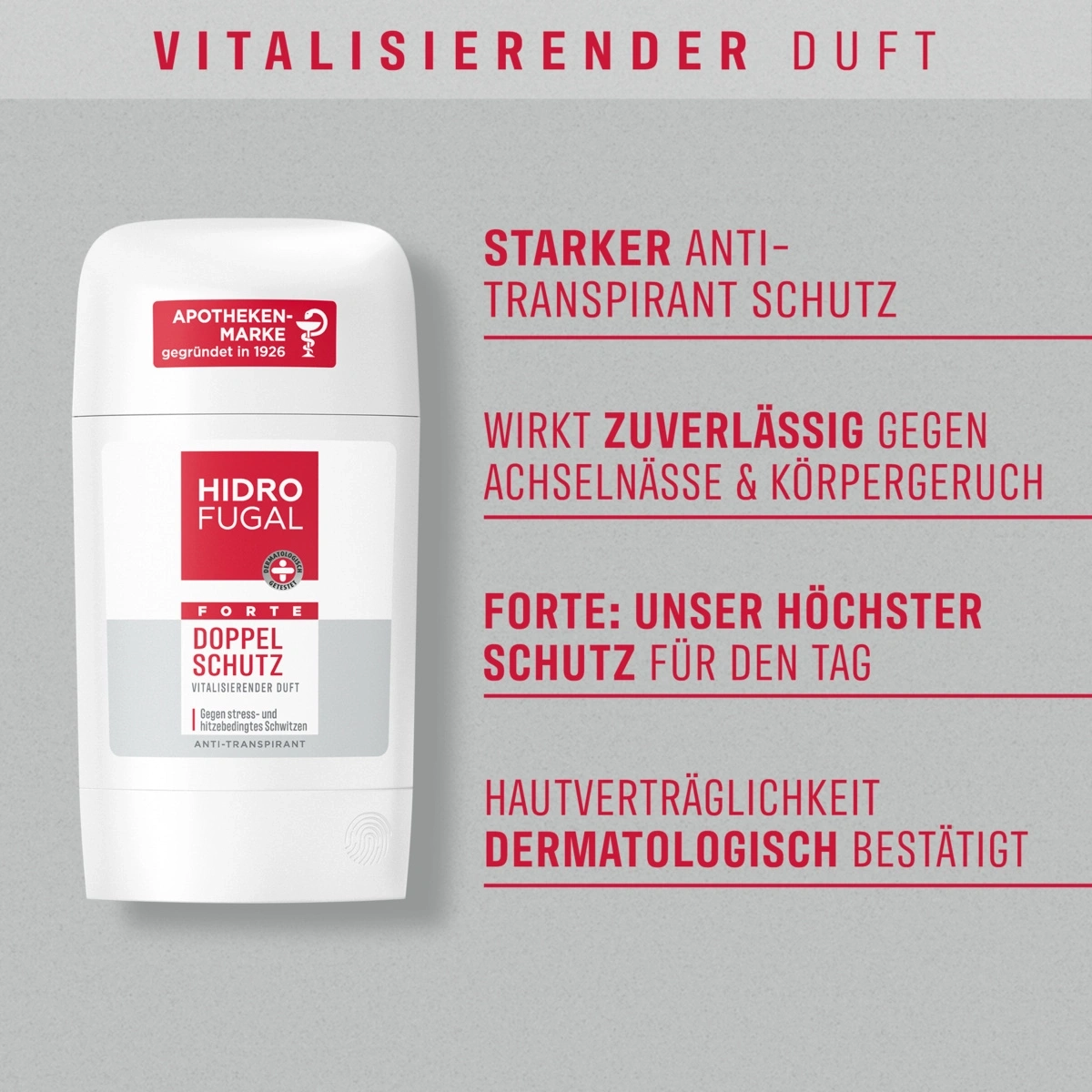 Hidrofugal Forte Doppel Schutz Vitalisierender Duft Anti-Transpirant Deostick mit starkem Schutz.