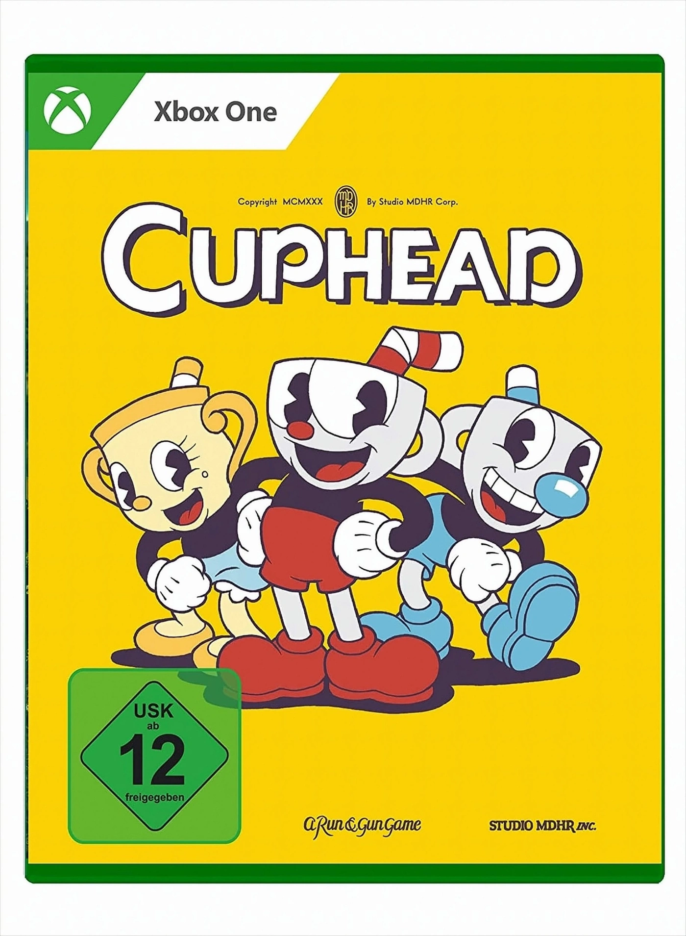 Die Xbox One Hülle von Cuphead mit den Cuphead-Figuren und dem USK-Siegel.