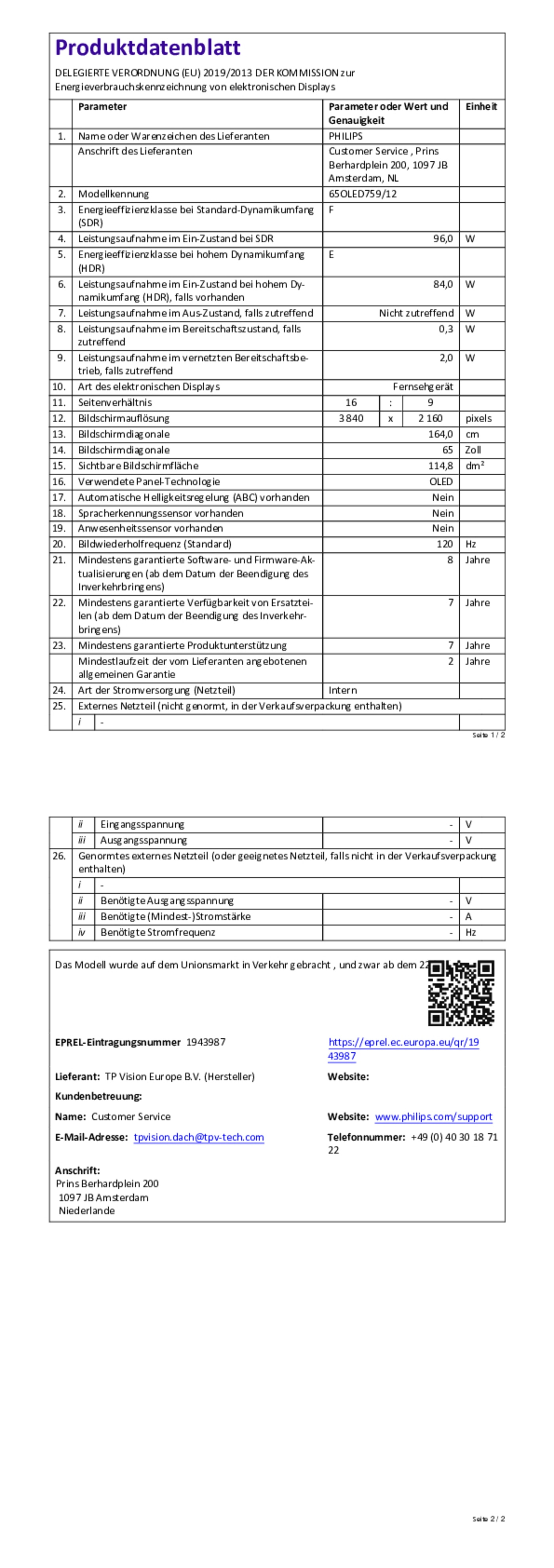 Produktdatenblatt Fernseher Philips 65OLED759/12 Energieeffizienzklasse F, Bildschirmdiagonale 65 Zoll
