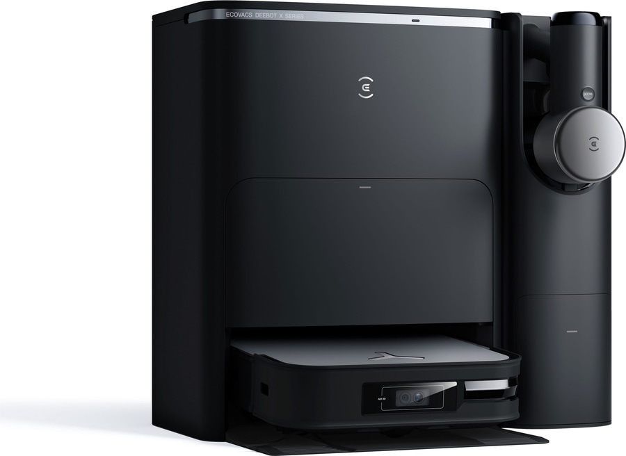Schwarzer Roboter-Staubsauger mit Reinigungsstation, ECOVACS DEEBOT X Series.