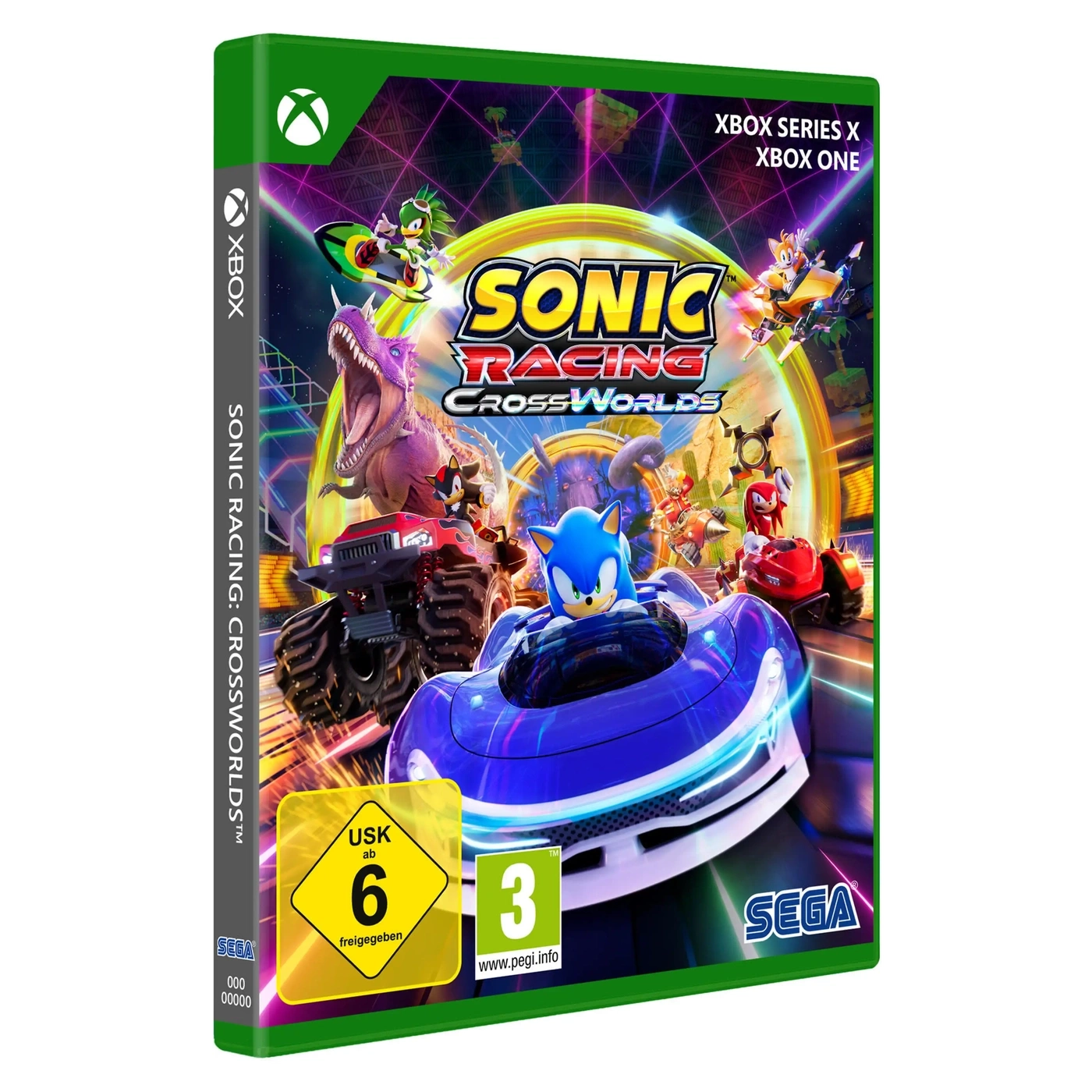 Sonic Racing Crossworlds Xbox Series X und One Spielhülle mit Sonic im Rennwagen.