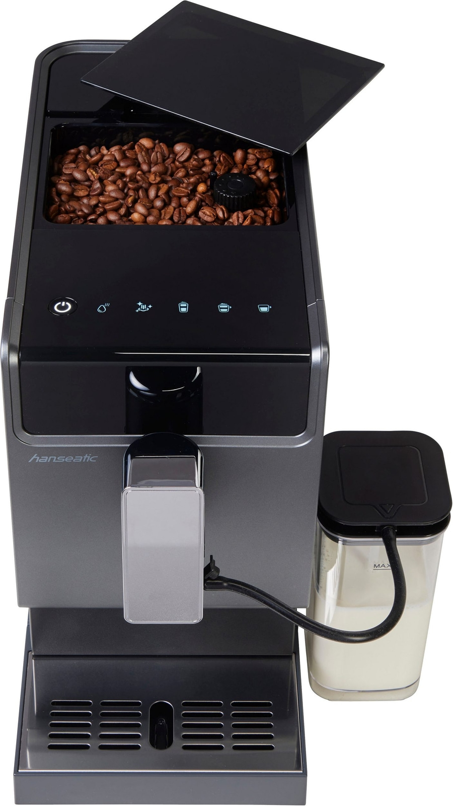 Kaffeemaschine mit Bohnenbehälter, Milchbehälter und Tropfschale