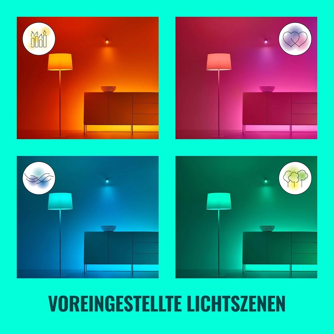 Voreingestellte Lichtszenen mit verschiedenen Farben und Symbolen für die Beleuchtung.