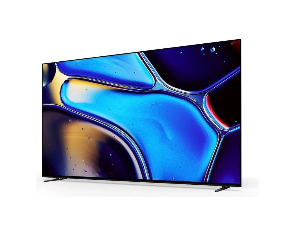 Ein modernes Fernsehgerät mit einer abstrakten blauen und goldenen Bildschirmanzeige.