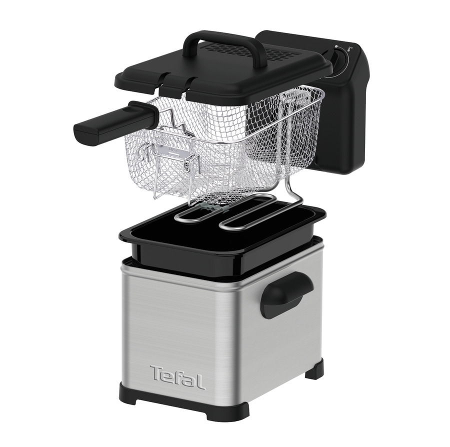 Fritteuse mit Korb und Deckel, Edelstahl-Design, Tefal-Marke, zum Frittieren von Speisen.