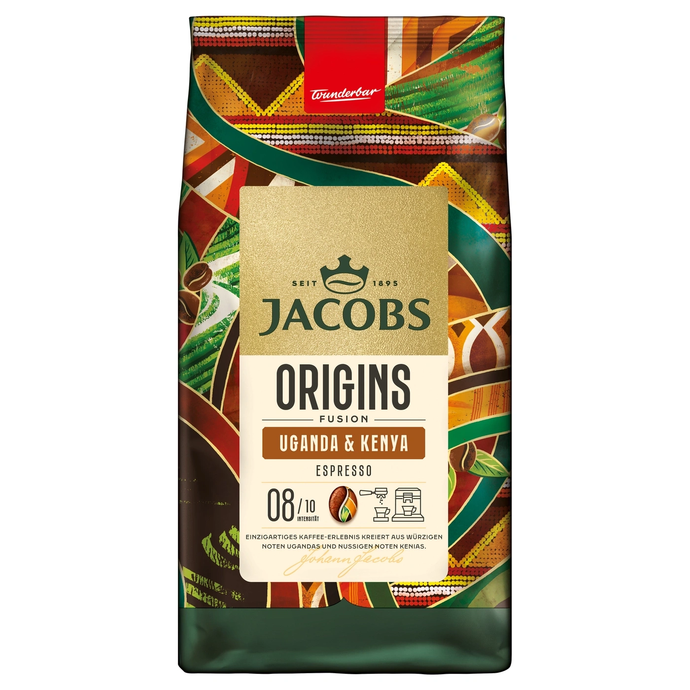 Eine Packung Jacobs Kaffee mit dem Aufdruck Origins Uganda & Kenya Espresso.