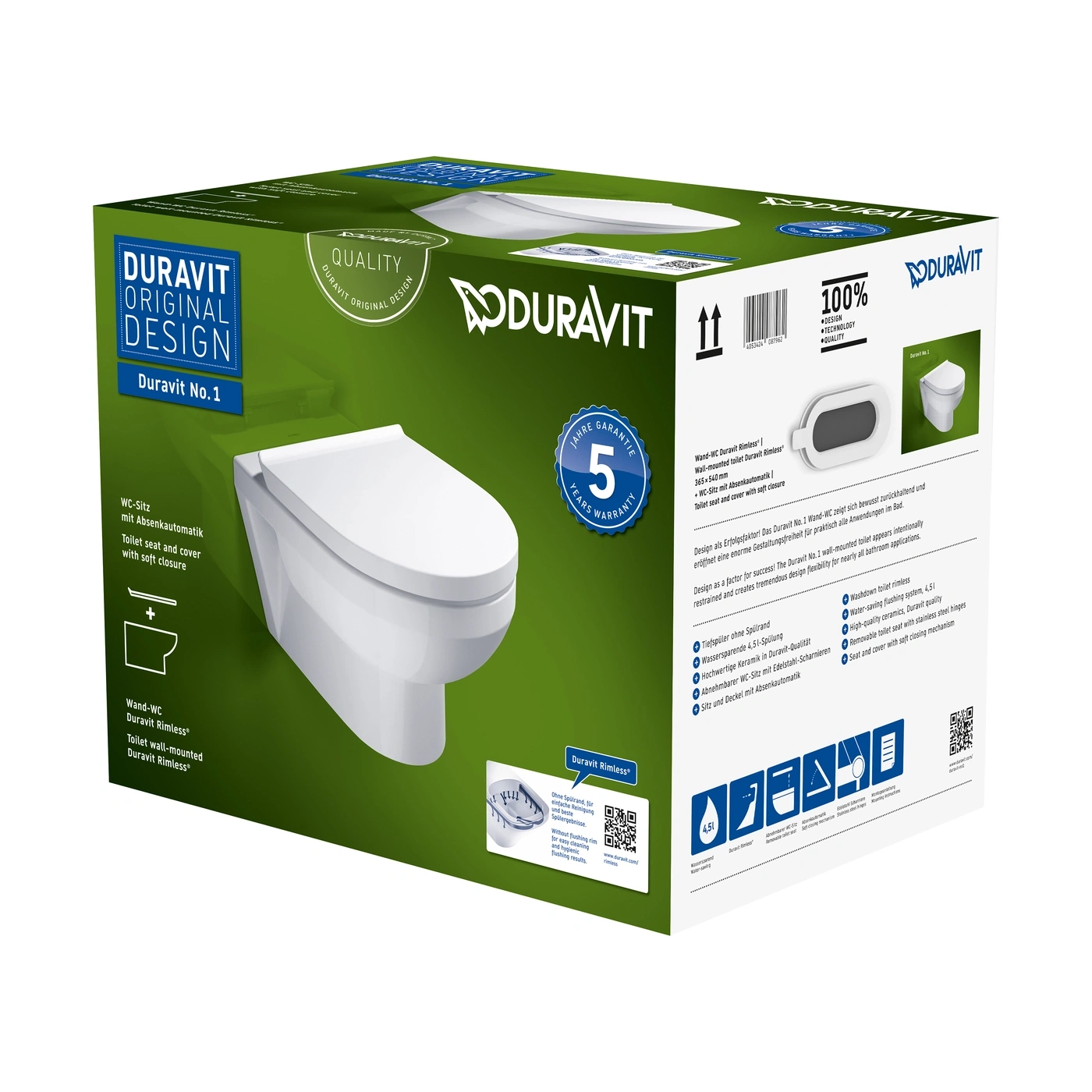 Duravit No. 1 Wand-WC mit Absenkautomatik, 5 Jahre Garantie, Original Design, Qualität.