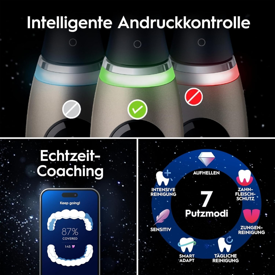 Intelligente Andruckkontrolle, Echtzeit-Coaching und 7 Putzmodi