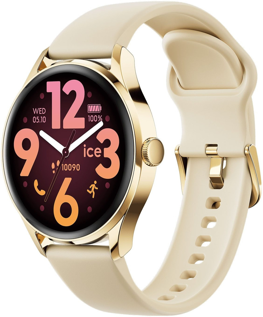 Eine goldene Smartwatch mit hellem Band und einem Zifferblatt mit Uhrzeit.