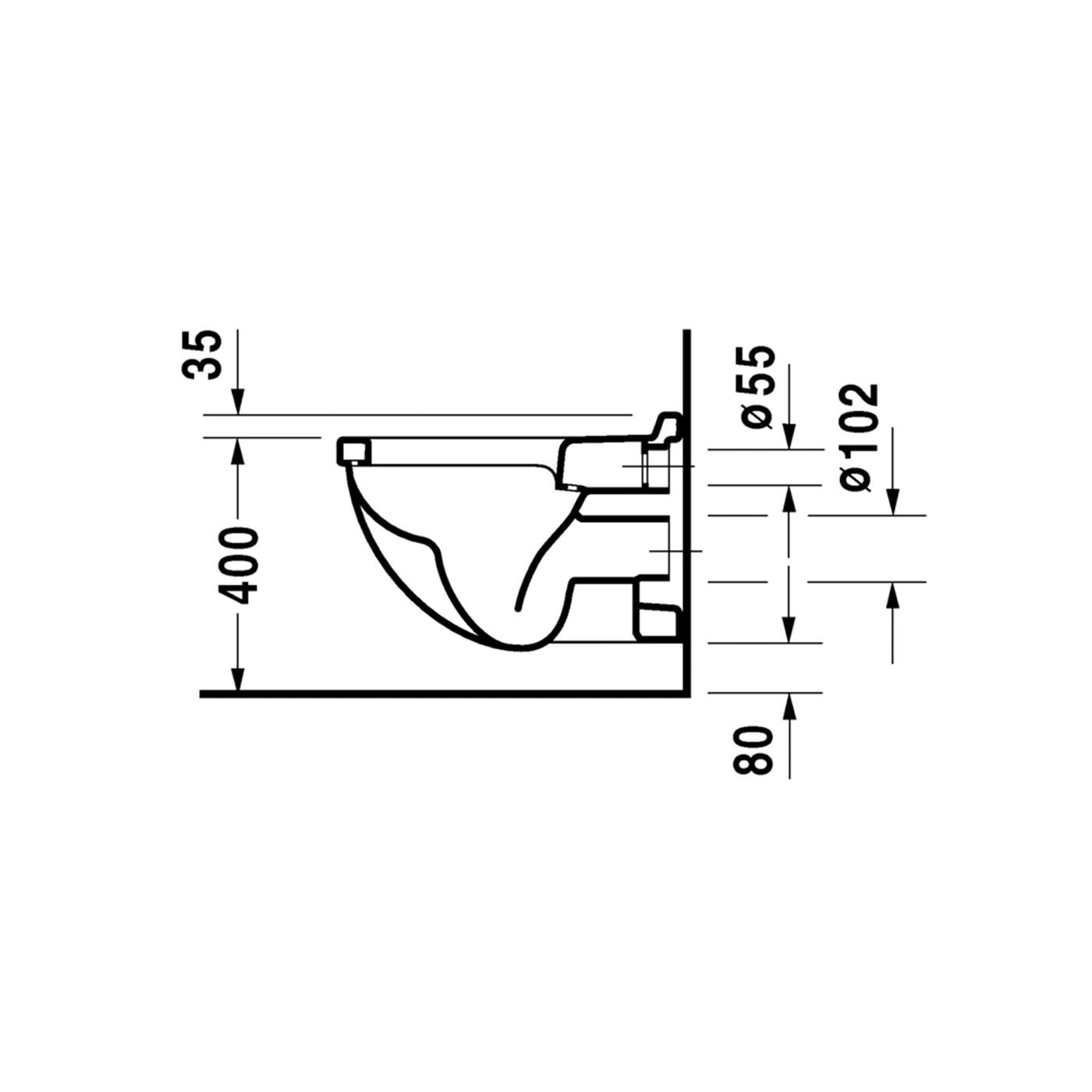 Technische Zeichnung eines Wand-WC mit Maßangaben in Millimetern. Durchmesser 55 und 102.