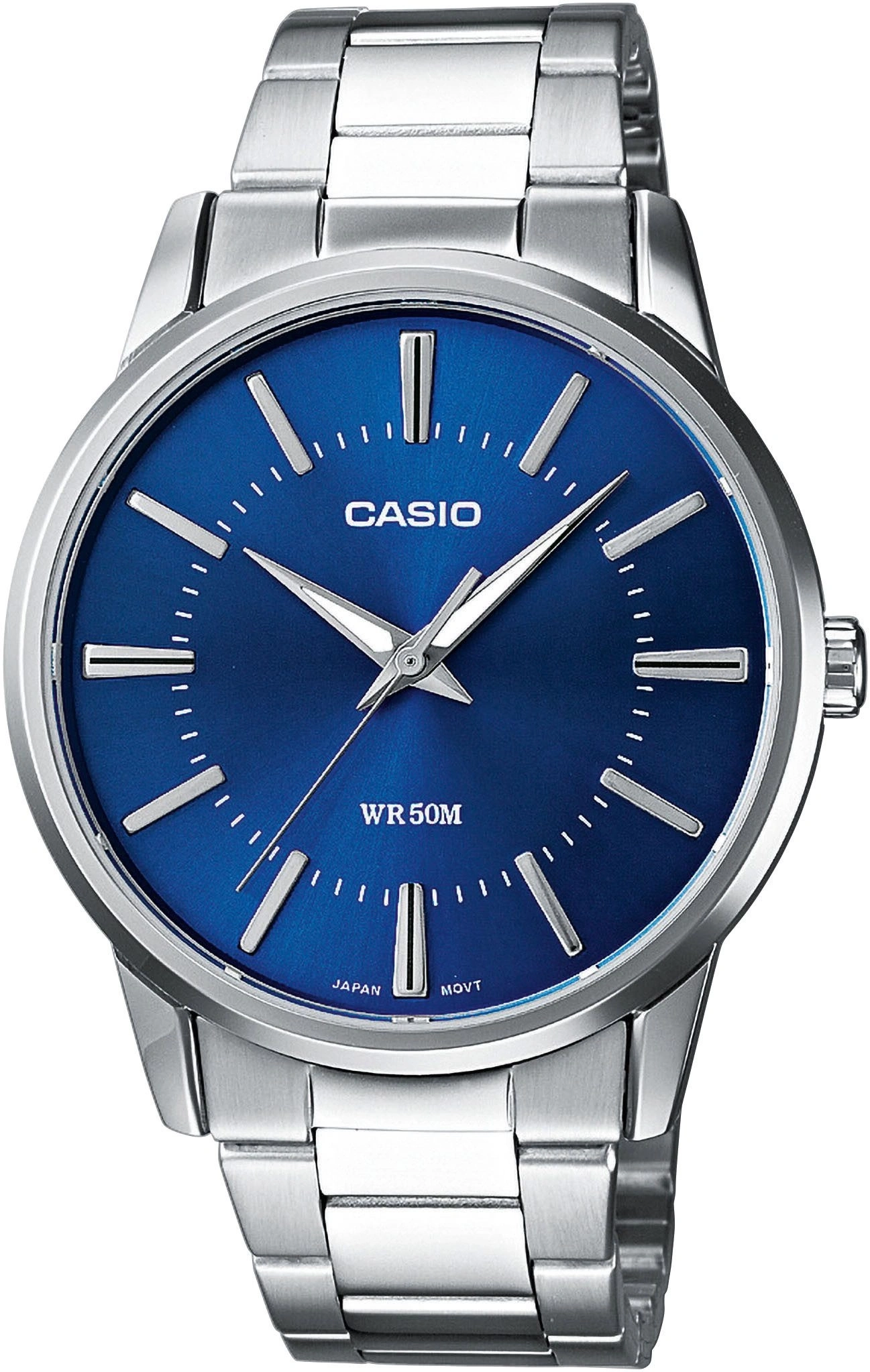 Ein silbernes Casio-Armbanduhr mit blauem Zifferblatt.