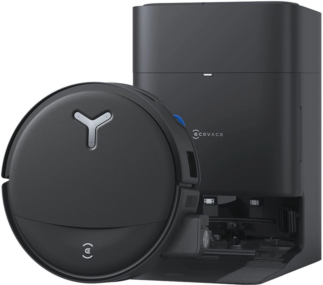 Ein schwarzer Saugroboter und seine Ladestation mit dem ECOVACS-Logo