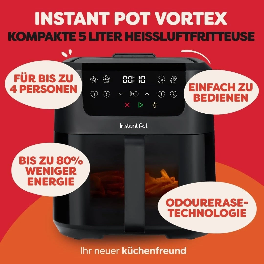 Instant Pot Vortex Heißluftfritteuse mit Bedienfeld und Textfeldern